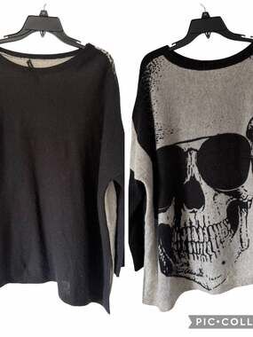 Skull Cashmere Black Gray Skull Print Women’s Sweater size small oversized fit